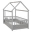 Twin Size Floor Wooden Bed with House Roof Frame Fence Guardrails Grey - Korvel