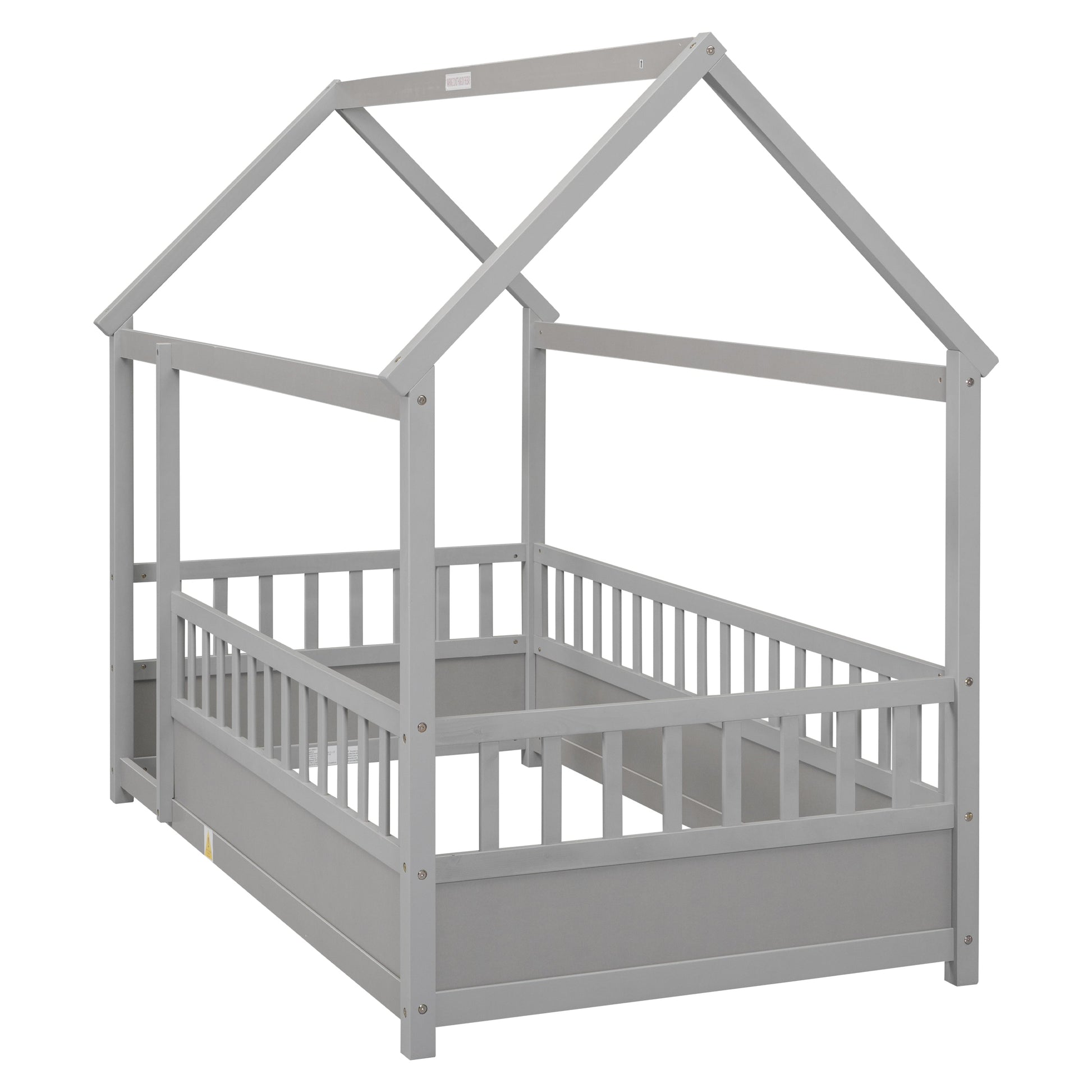 Twin Size Floor Wooden Bed with House Roof Frame Fence Guardrails Grey - Korvel