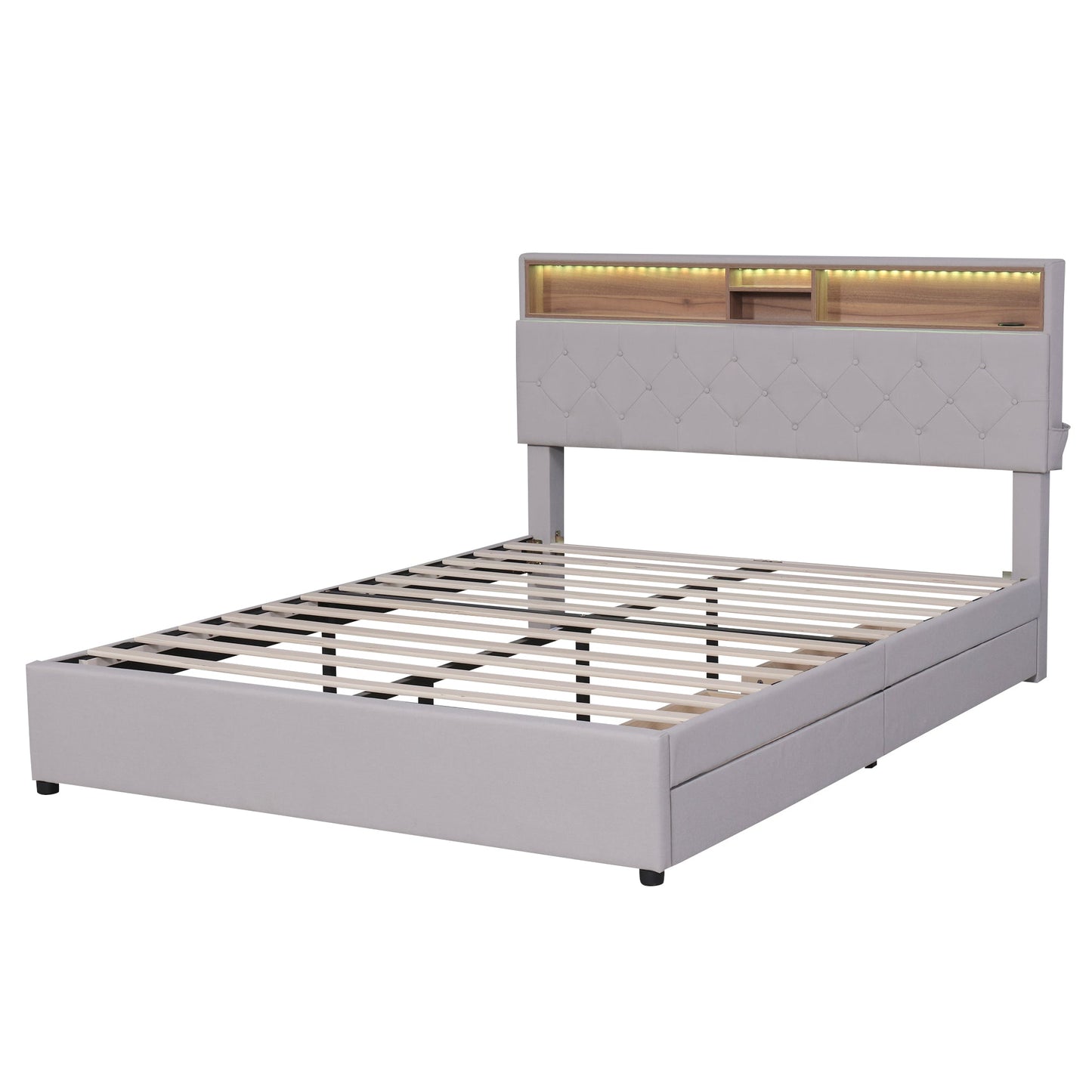Queen Size Upholstered Platform Bed with Storage Headboard  LED  USB Charging and 2 Drawers  Beige - Korvel