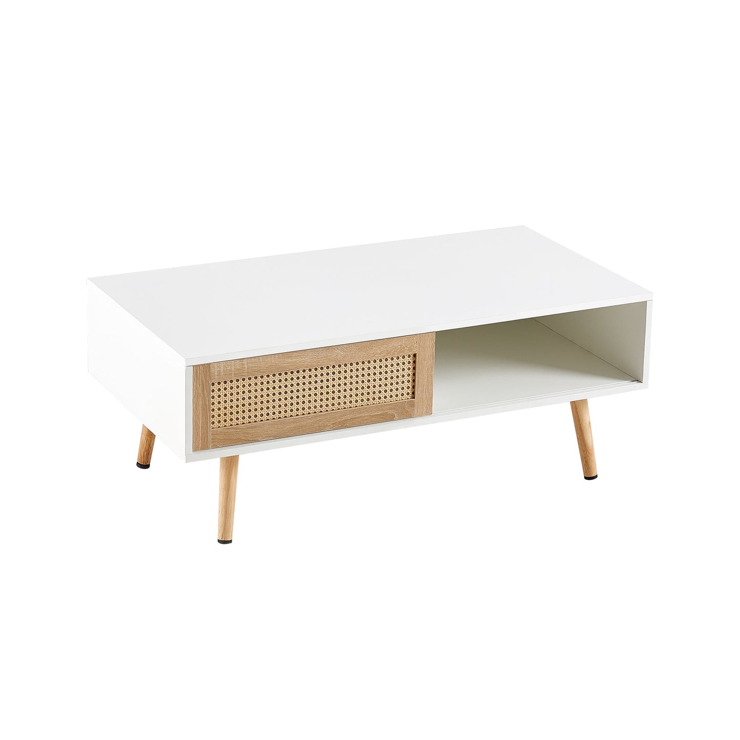 41.34" Rattan Coffee table sliding door for storage solid wood legs White - Korvel