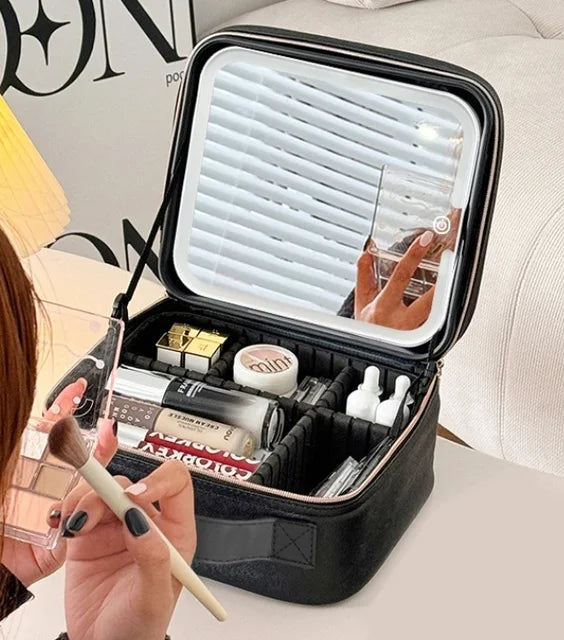 Light Up Box Vanity Organizer Portable Makeup Bag Mirror With Led Light - Korvel