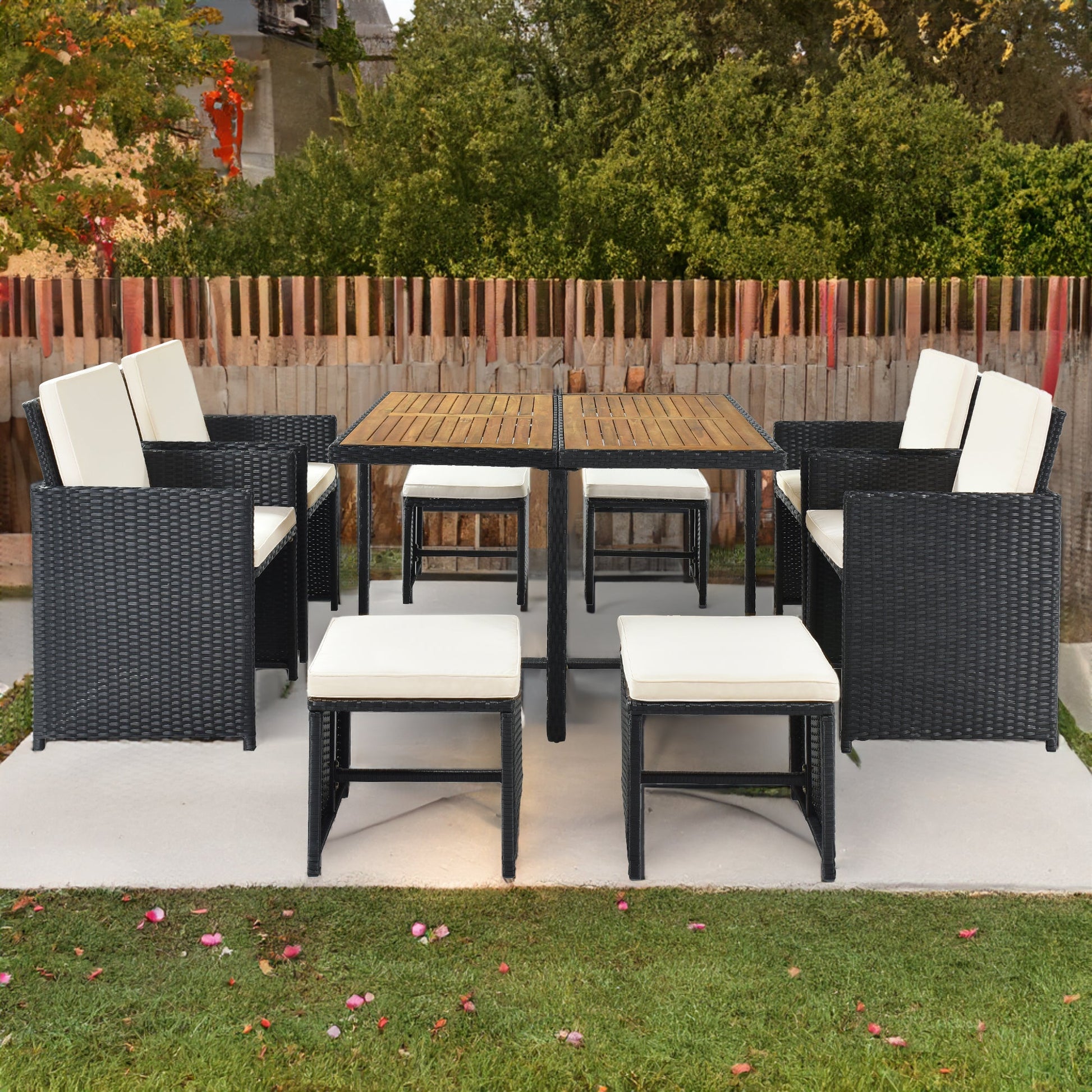 TOPMAX Patio All-Weather PE Wicker Dining Table Set with Wood Tabletop for 8, Black Rattan+Beige Cushion (9-Piece) - Korvel
