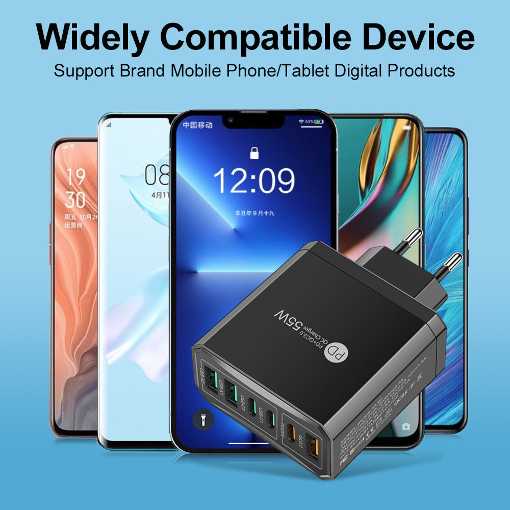 Fast charging mobile phone charger standard PD55W QC3.0+PD25W 3PD+3USB travel charging head - Korvel
