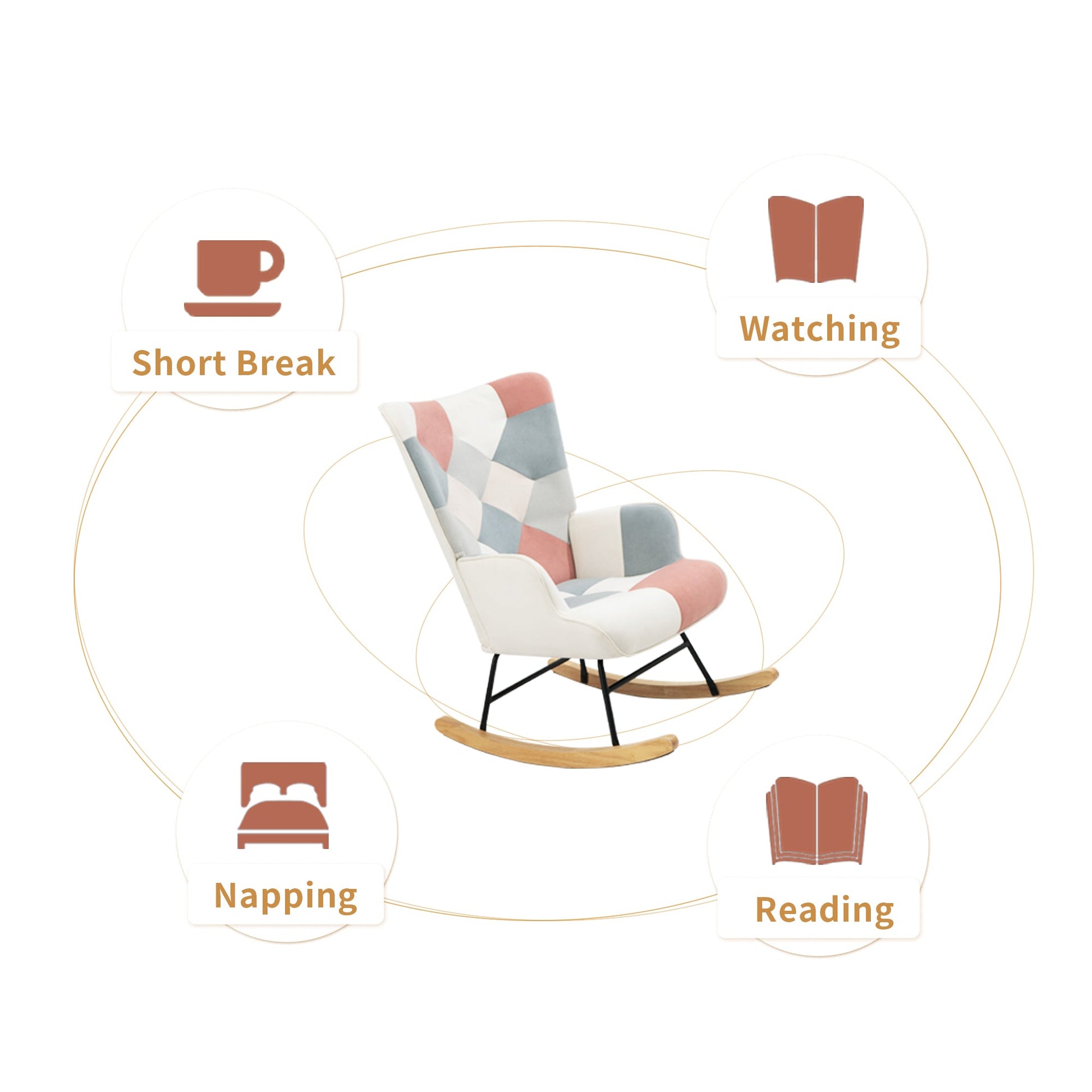 Rocking Chair with ottoman, Mid Century Fabric Rocker Chair with Wood Legs and Patchwork Linen for Livingroom Bedroom - Korvel