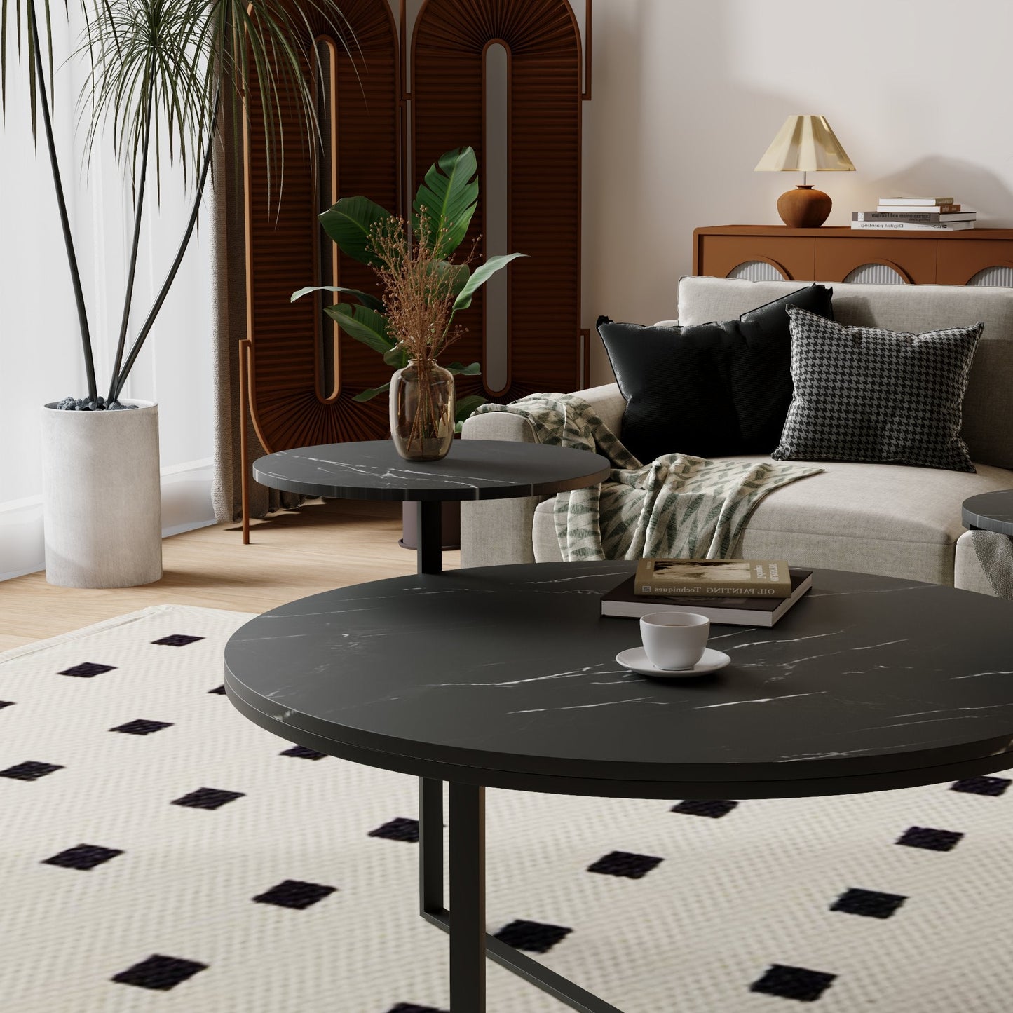 Modern coffee table with two display shelves, Black Faux marble surfaces, Tripod-inspired base,Rounded tabletop edges - Korvel