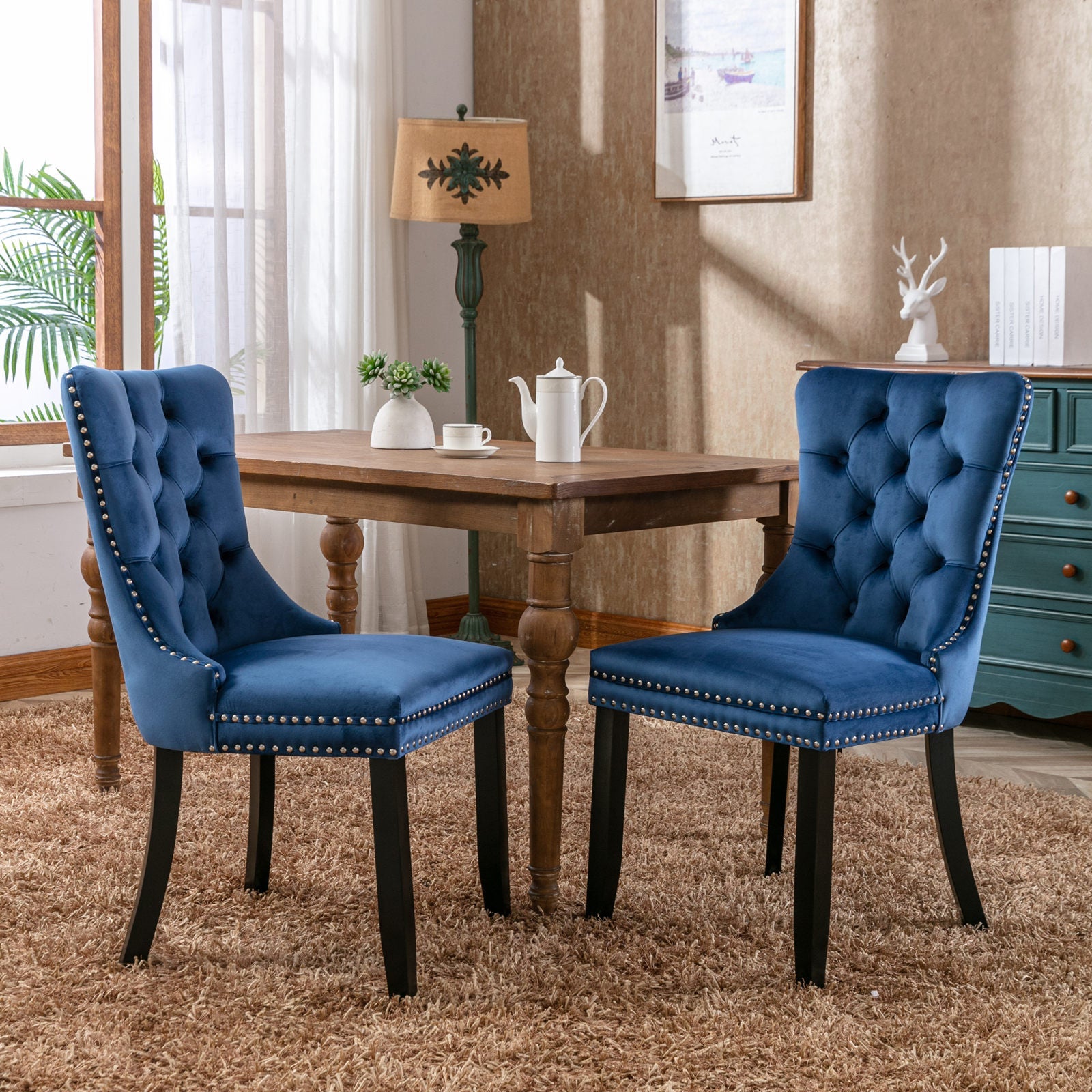 High-end Tufted Solid Wood Contemporary Velvet Upholstered Dining Chair with Wood Legs Nailhead Trim 2-Pcs Set Blue - Korvel