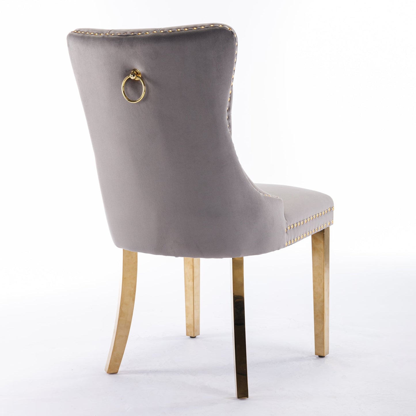 Tufted solid wood velvet cushioned dining chair, gold-plated stainless steel nail leg heads, 2 pieces in gray and gold - Korvel