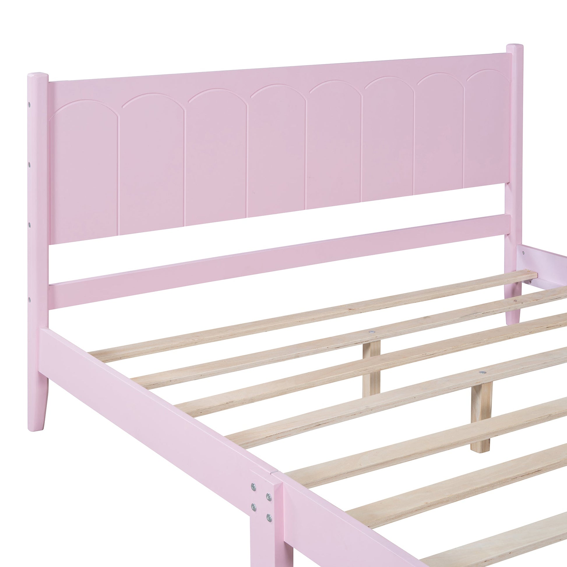 Queen Size Wood Platform Bed Frame, Retro Style Bed with Rectangular Headboard,No Need Box Spring,Pink - Korvel
