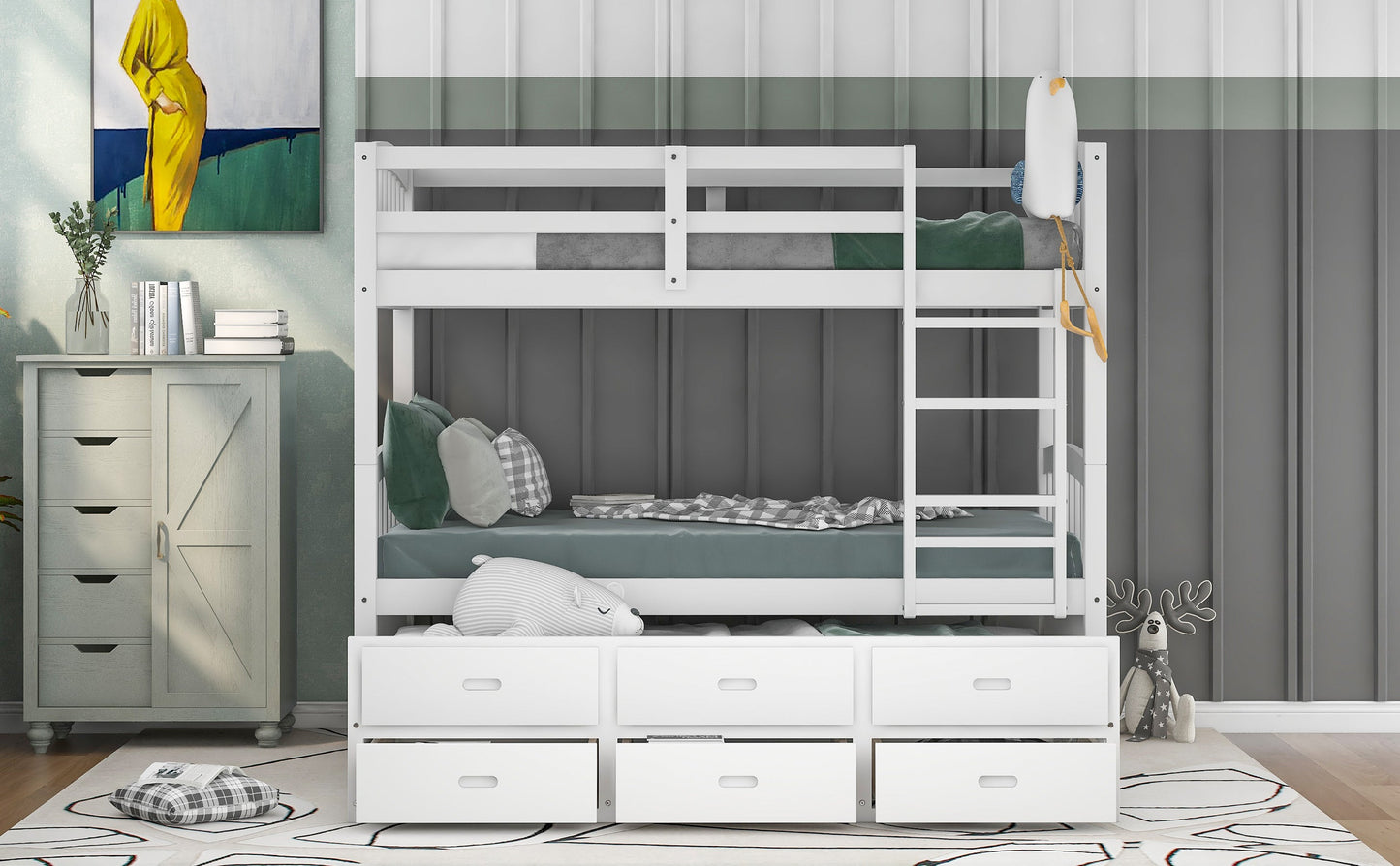 Twin over Twin Wood Bunk Bed with Trundle and Drawers White - Korvel