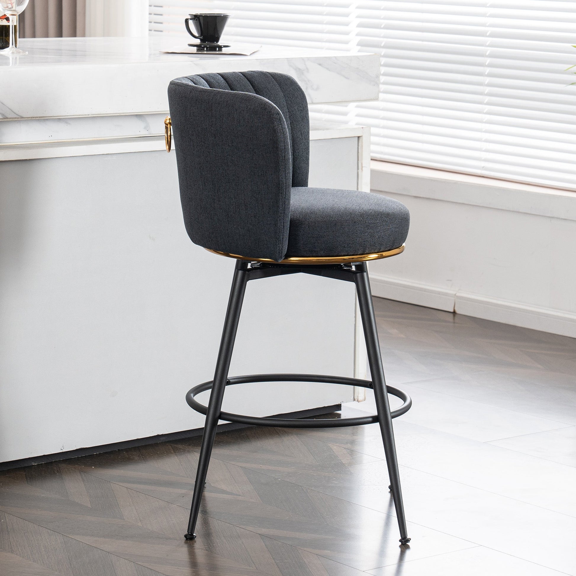 A set of 2 gray rotating bar stools - high backrest, adjustable, with elegant metal backrest decoration - Korvel