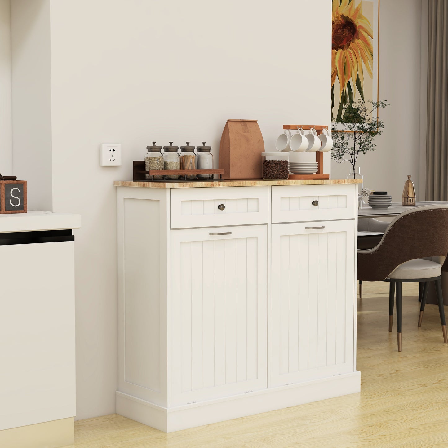 Two Drawers and Two-Compartment Tilt-Out Trash Cabinet Kitchen Trash Cabinet-White - Korvel