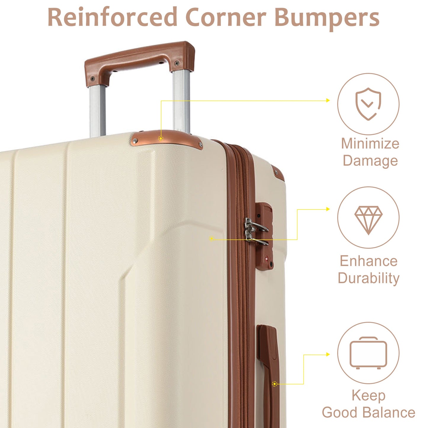 Hardshell Luggage Sets 3 Pcs Spinner Suitcase with TSA Lock Lightweight 20''24''28'' Brown white + ABS - Korvel