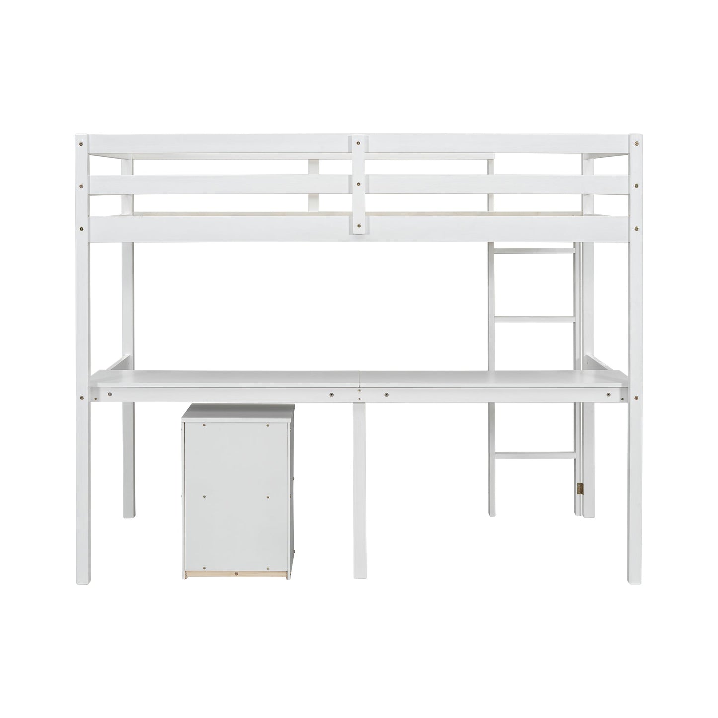Twin Loft Wood Bed with Under-bed, Built-in Desk, a Storage Cabinet of 2 Drawers, Guardrails, Ladder,White - Korvel