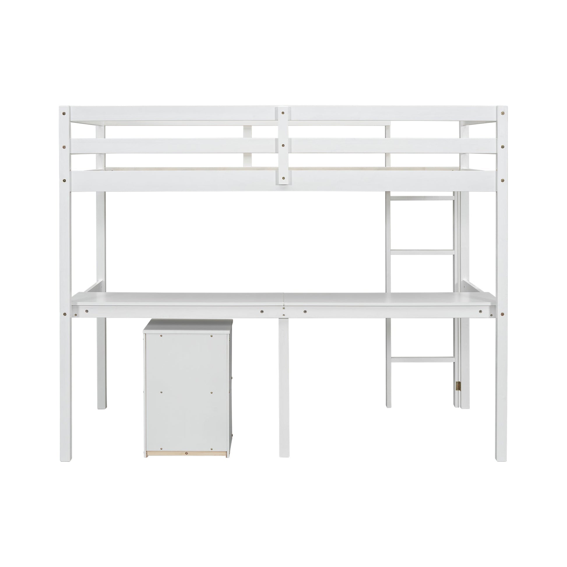 Twin Loft Wood Bed with Under-bed, Built-in Desk, a Storage Cabinet of 2 Drawers, Guardrails, Ladder,White - Korvel
