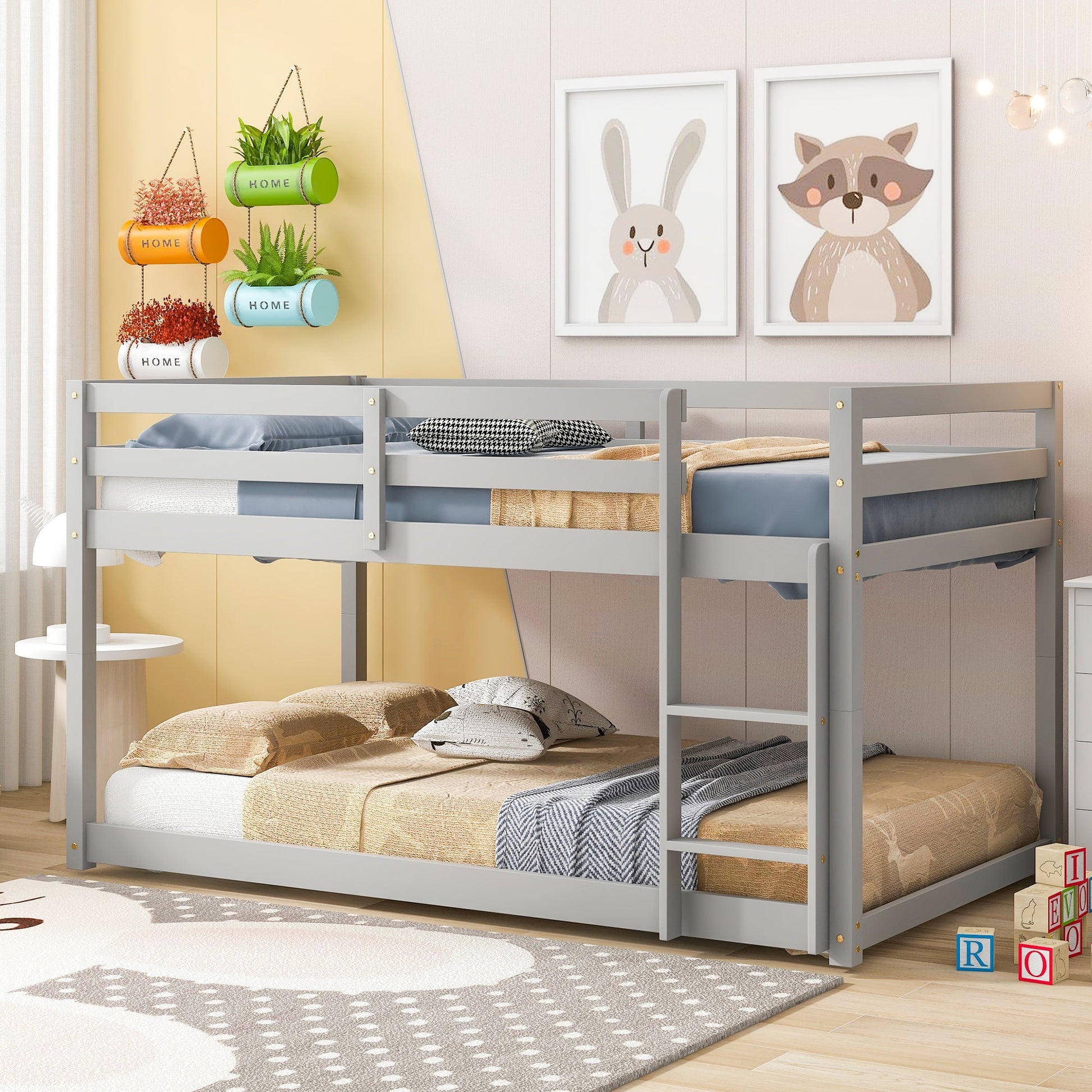 Twin over Twin Floor Bunk Bed,Grey - Korvel