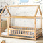 Lit en bois taille twin avec cadre de toit de maison et barrières de sécurité