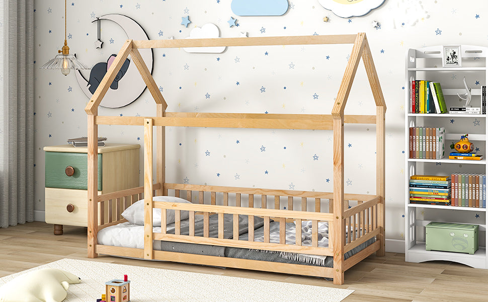 Lit en bois taille twin avec cadre de toit de maison et barrières de sécurité