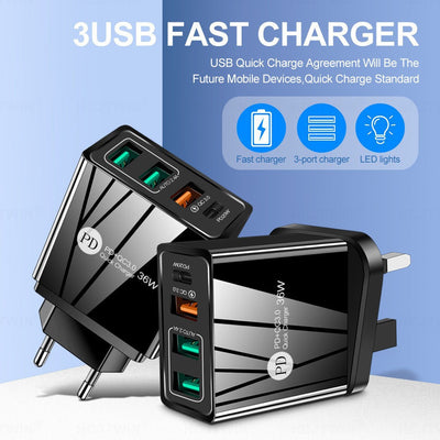 36W PD20W+QC3.0 2.4A dual USB fast charging mobile phone charger 2USB with PD charging head travel charger - Korvel