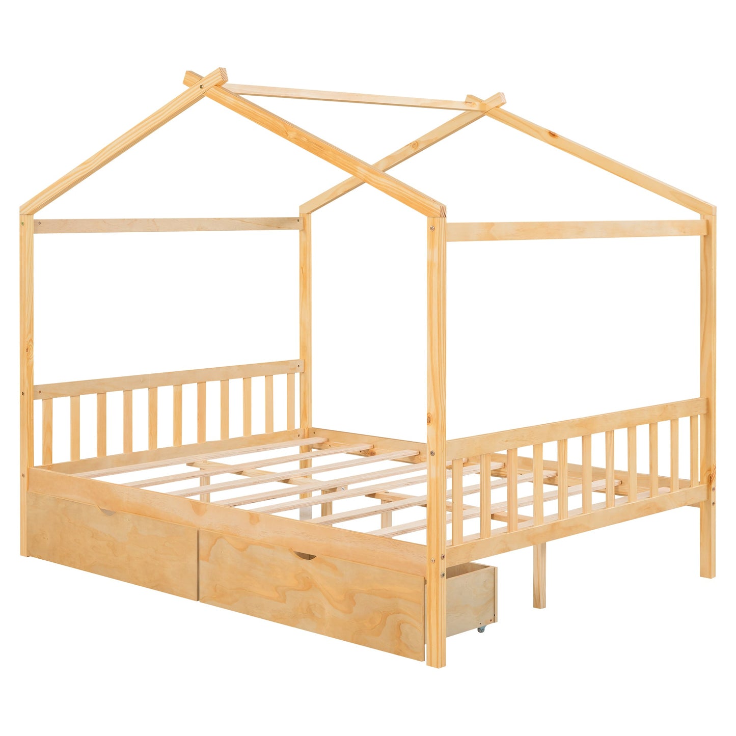 Full Size House Platform Bed with Storage Drawers and Roof Design