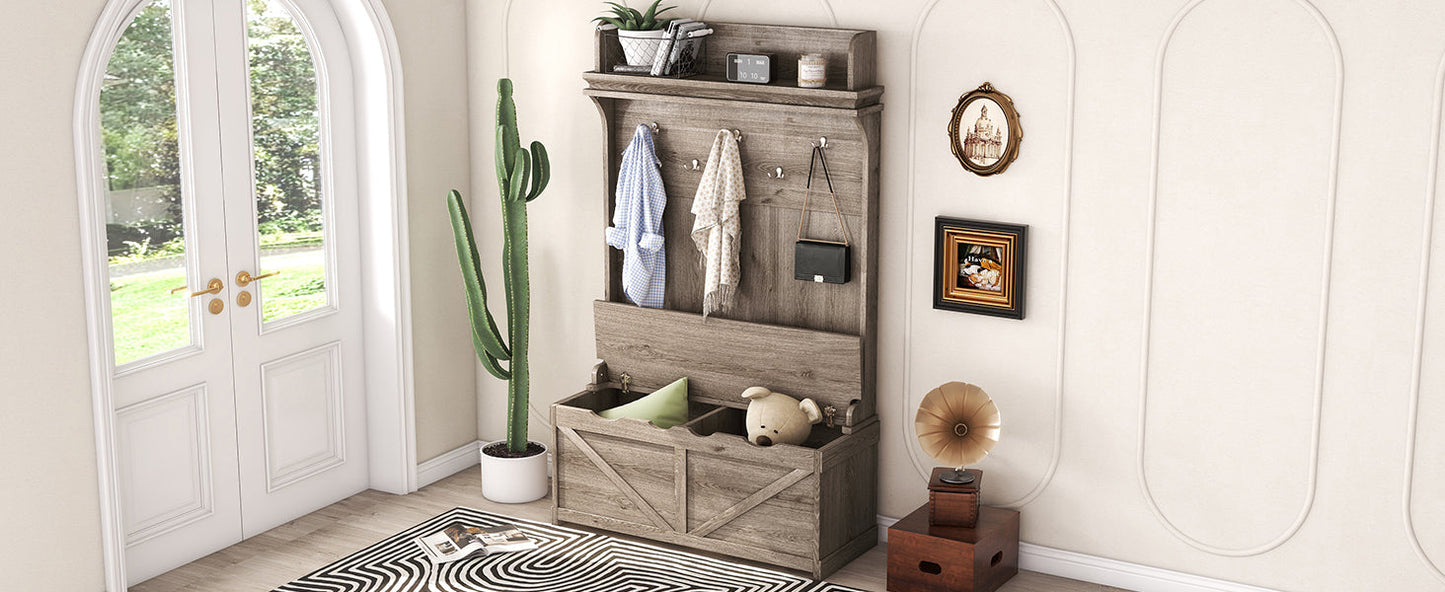 Hall tree with storage desk, entrance desk with drawers and 5 hooks, display rack,Oak - Korvel