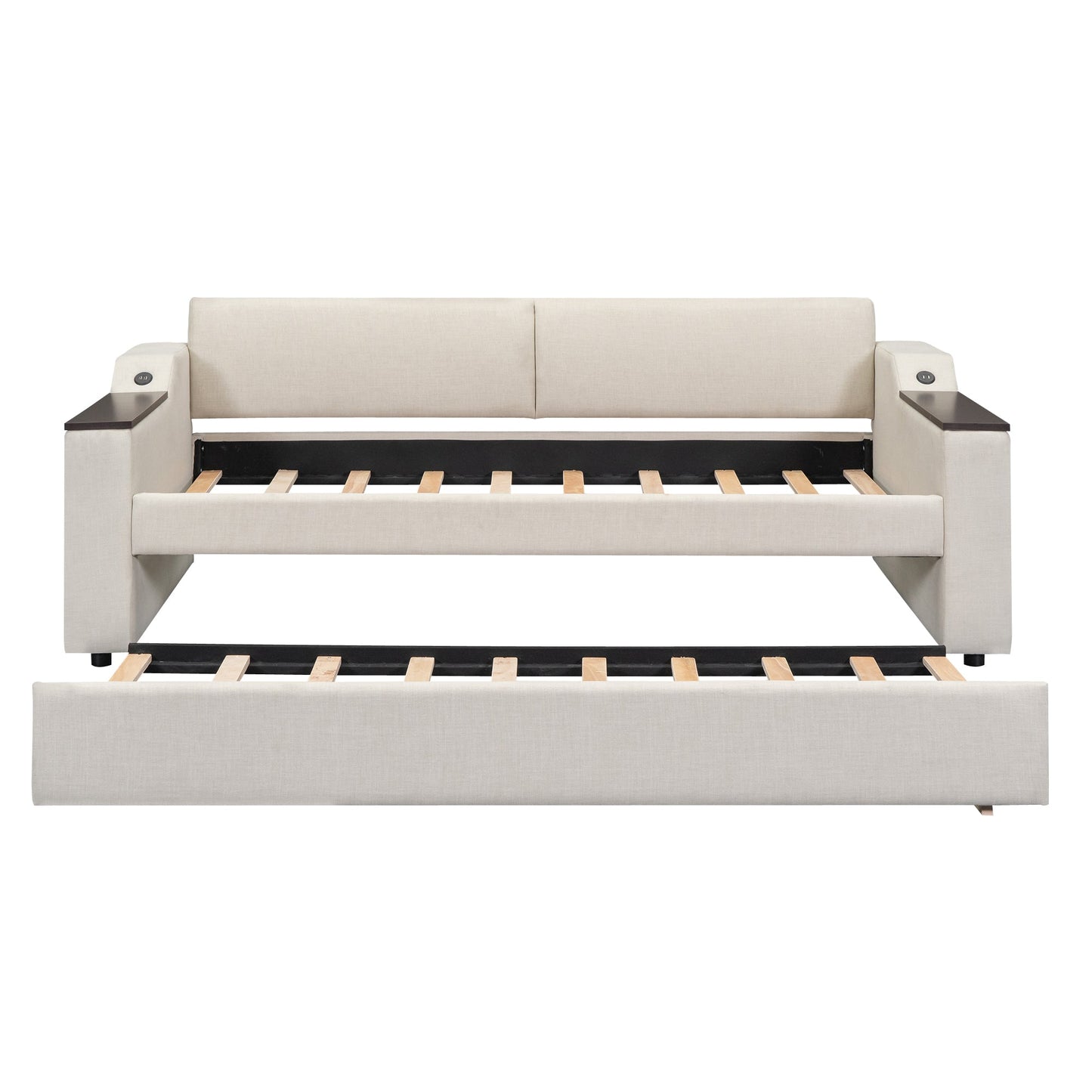 Twin Size Upholstery Daybed with Storage Arms and USB - Beige