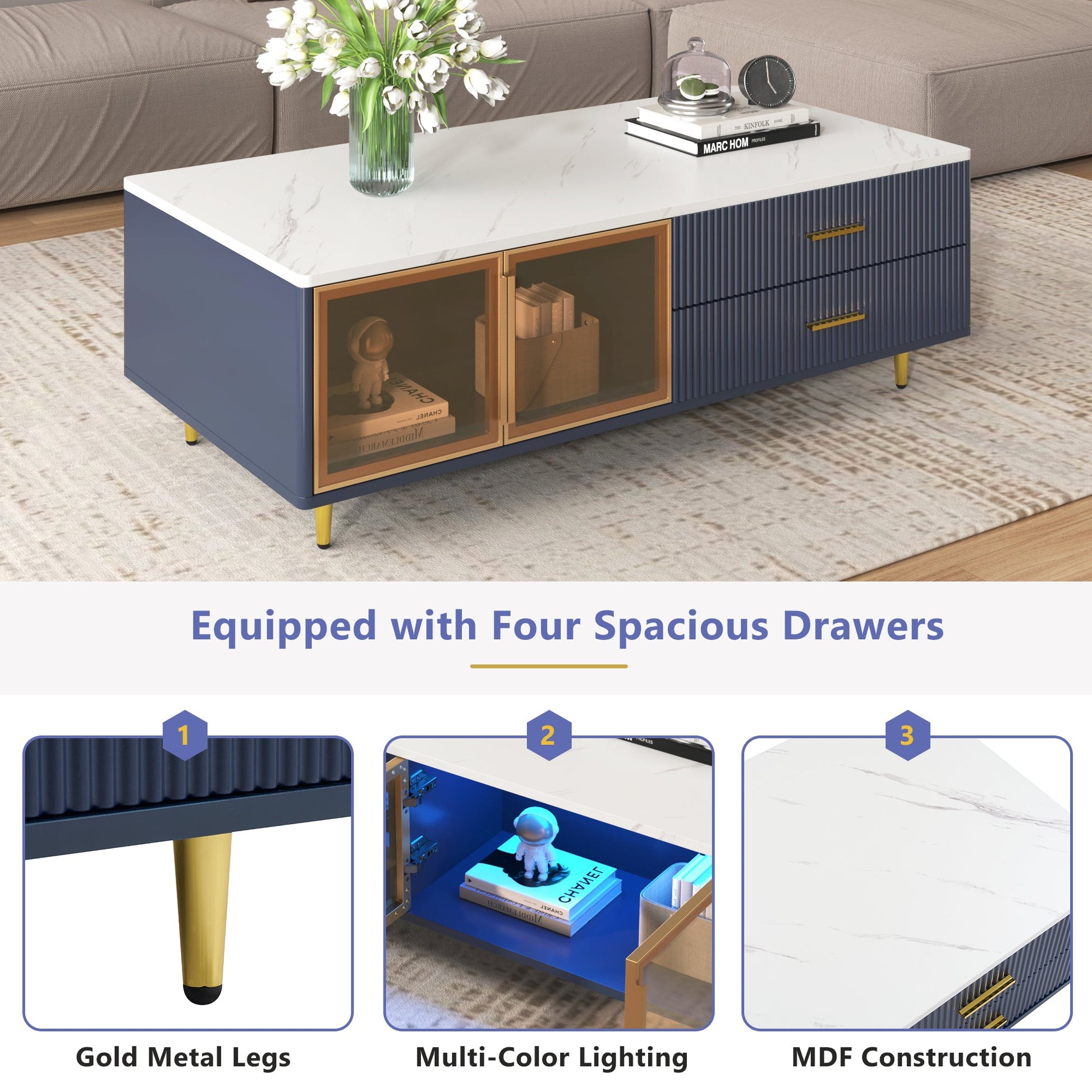 Modern Navy Blue Coffee Table with 2 Glass Door Storage, 4 Drawers, Gold Metal Legs, and Multi-Color Lighting in 47.2'' - Korvel