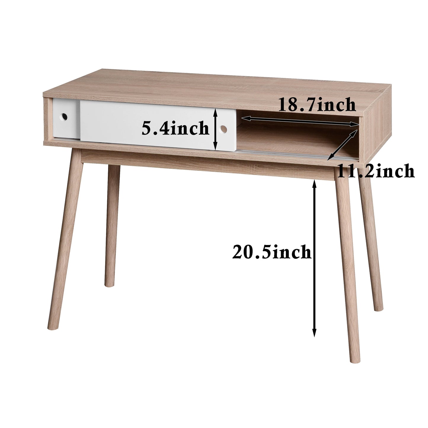 Kitchen Mid-Century Table Writing Desk with 2 Push-pull White Panel Drawers and Wood Legs, Natural Color - Korvel