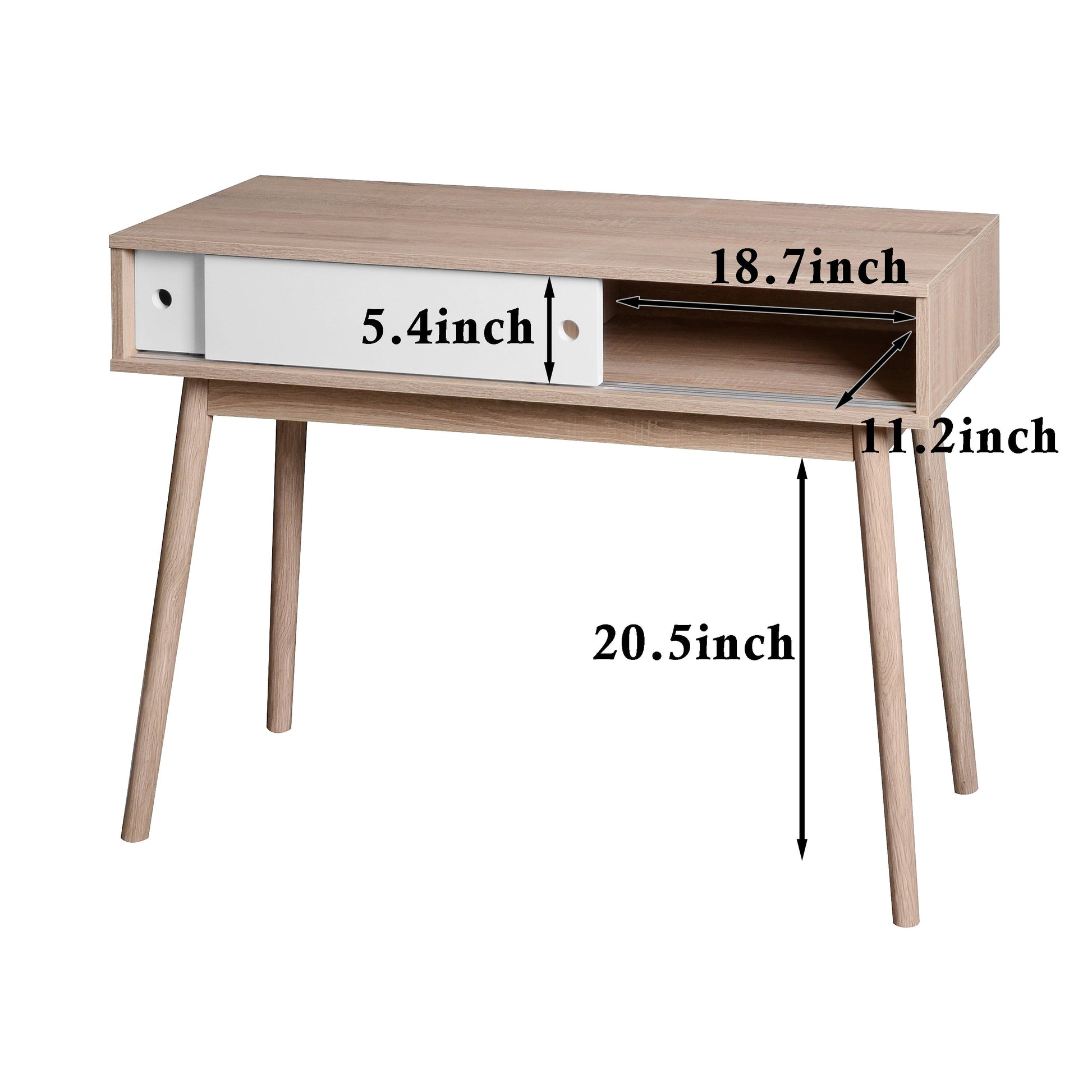 Kitchen Mid-Century Table Writing Desk with 2 Push-pull White Panel Drawers and Wood Legs, Natural Color - Korvel