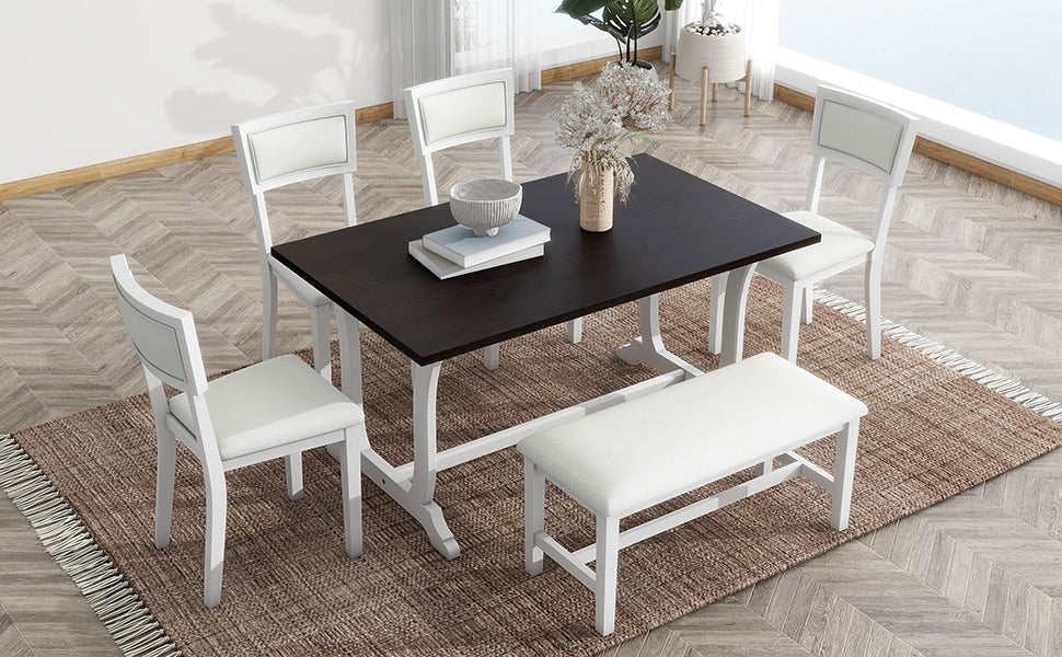 TOPMAX Farmhouse 6-Piece Trestle Dining Table Set with Upholstered Dining Chairs and Bench  59inch, White - Korvel