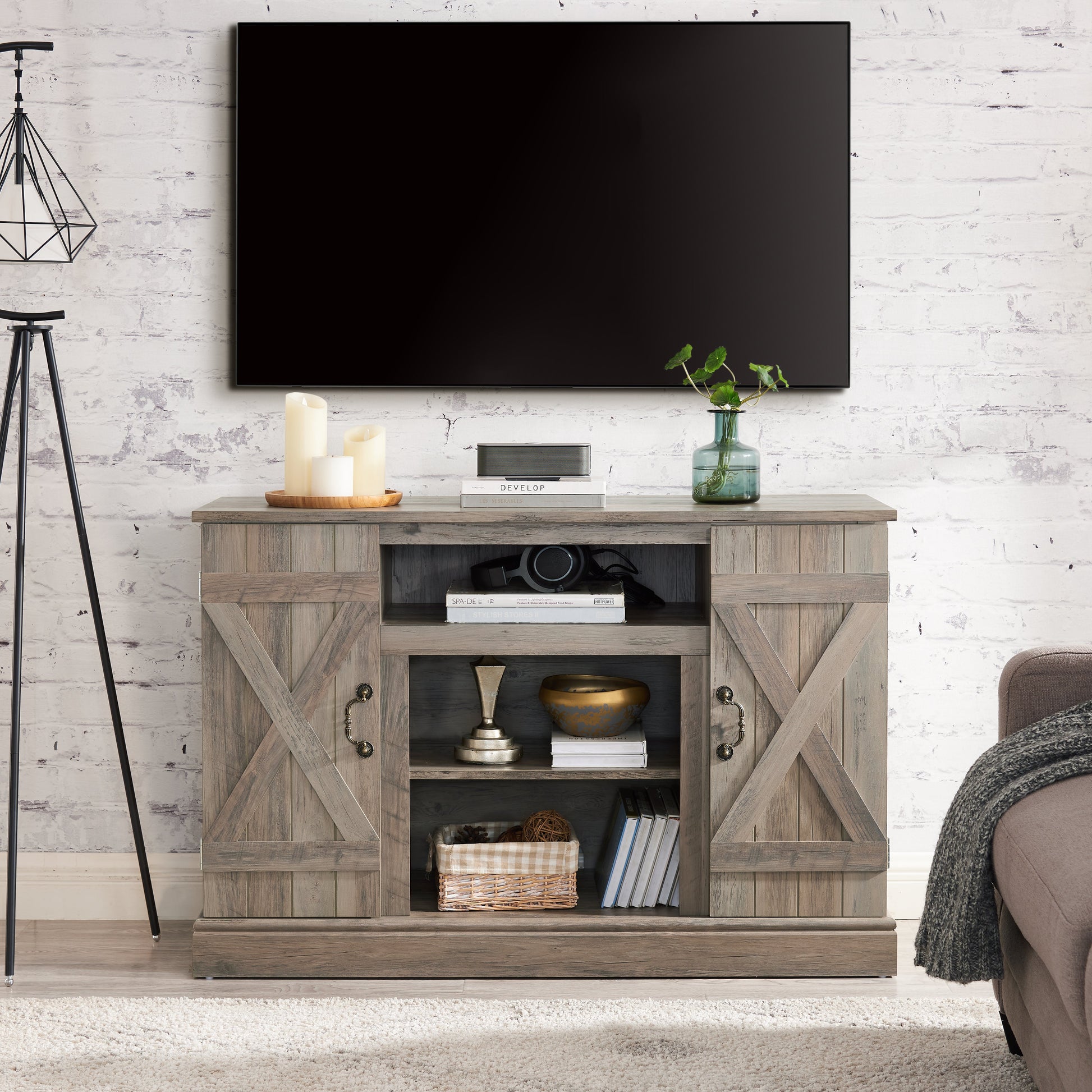 Farmhouse Classic Media TV Stand Antique Entertainment Console for TV up to 50" with Open and Closed Storage Space - Korvel