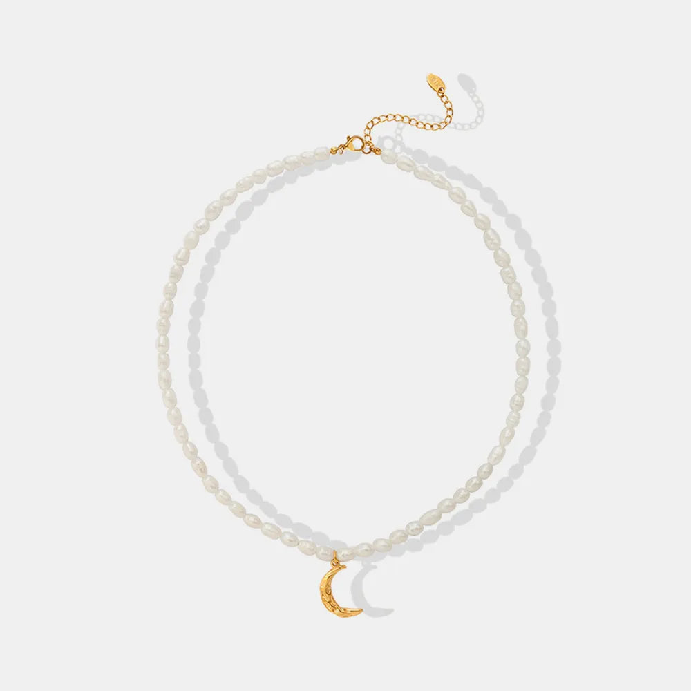 Pearl Titanium Steel Moon Shape Pendant Necklace - Korvel
