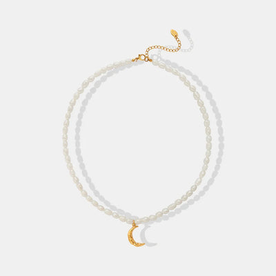 Pearl Titanium Steel Moon Shape Pendant Necklace - Korvel