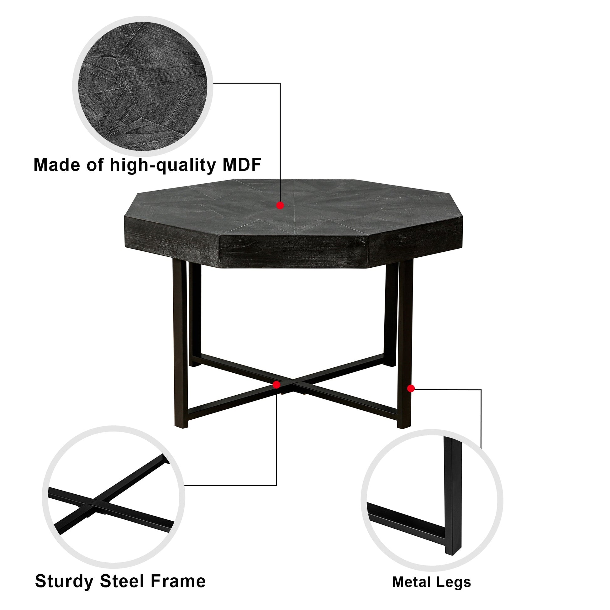 Wooden octagonal retro patchwork craft 30 inch wooden tabletop cross metal leg coffee table (Antique Black) - Korvel