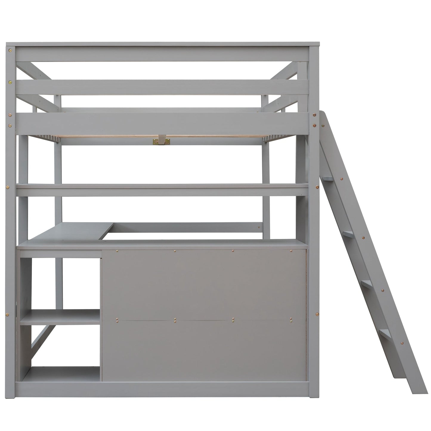Full Size Loft Bed with Desk and Shelves - Gray