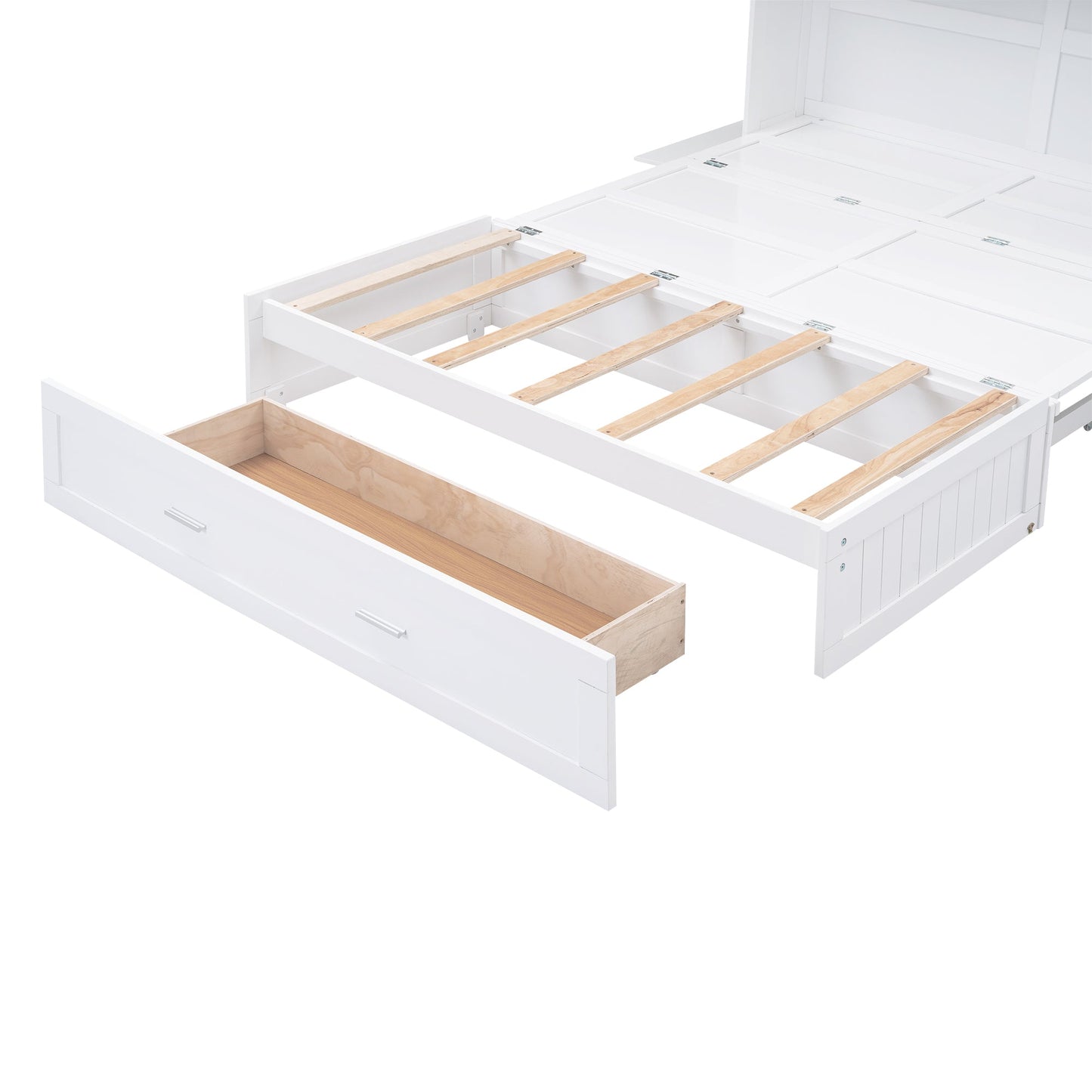 ueen Size Murphy Bed with Bookcase, Bedside Shelves and a Big Drawer, White - Korvel