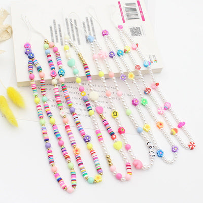 New Mixed Color Soft Pottery Pearl Mixed String Bohemian Simple Style Anti-Drop Function Mobile Phone Chain - Korvel