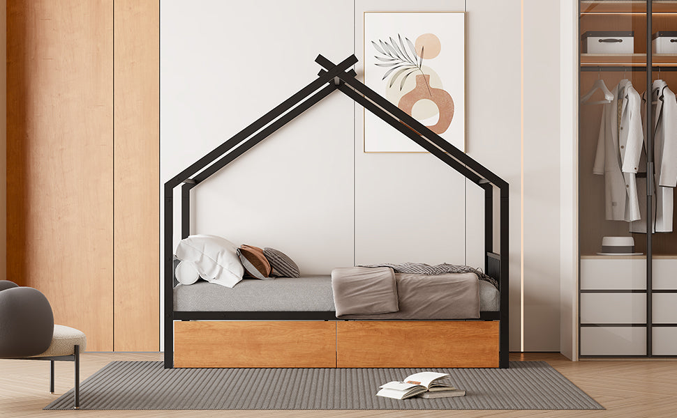 Twin Size Metal House Bed with Two Drawers - Black