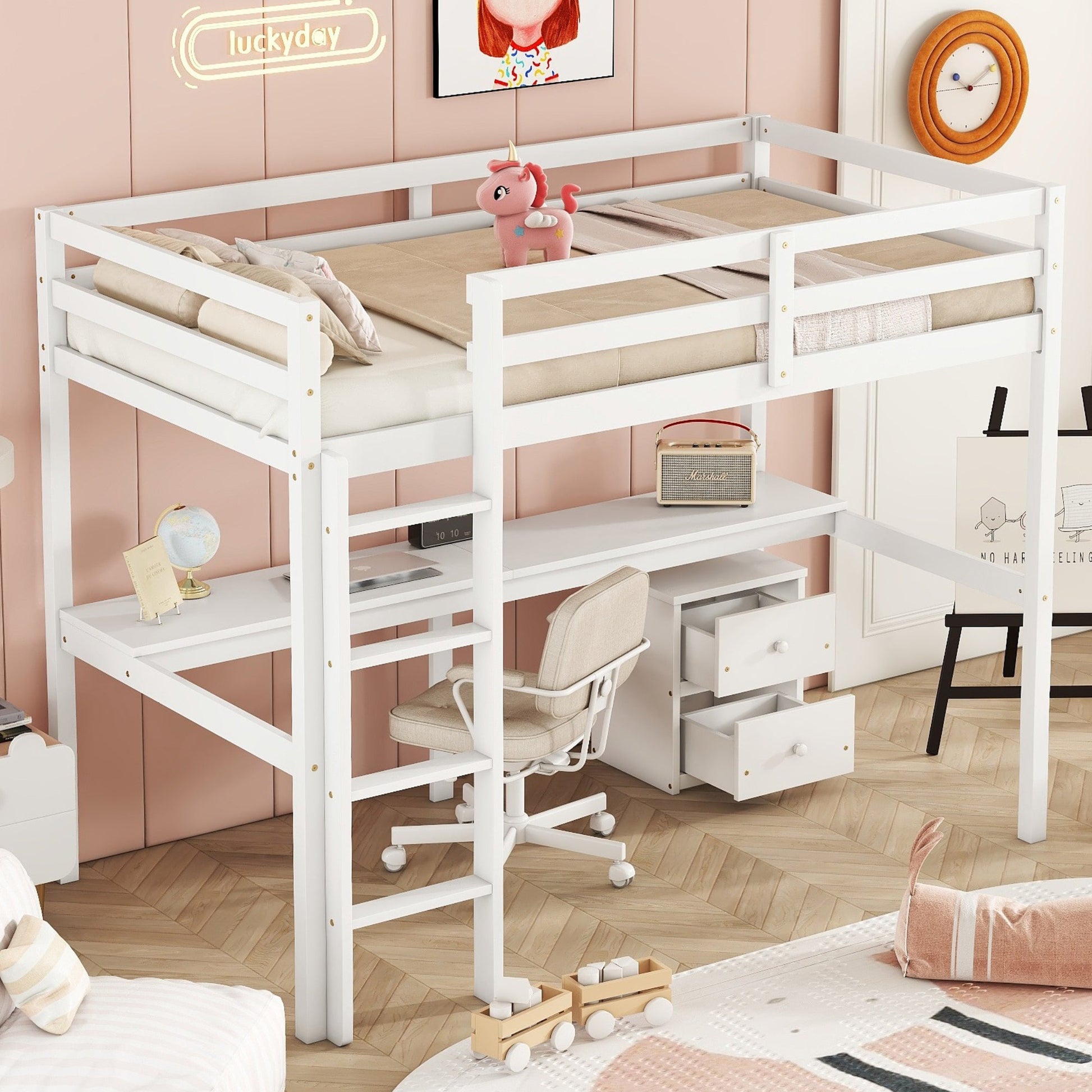 Twin Loft Wood Bed with Under-bed, Built-in Desk, a Storage Cabinet of 2 Drawers, Guardrails, Ladder,White - Korvel