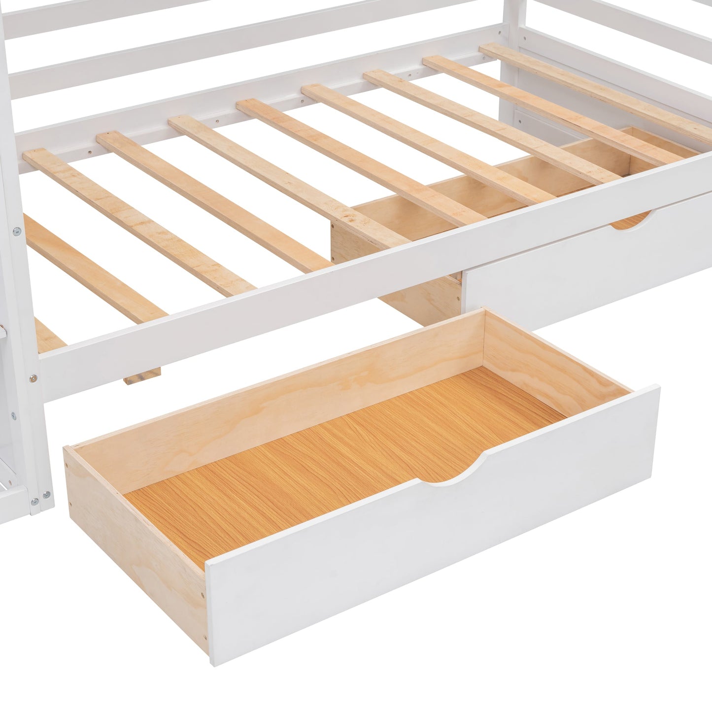 Twin Size House Bed with Two Drawers and Wardrobe - White