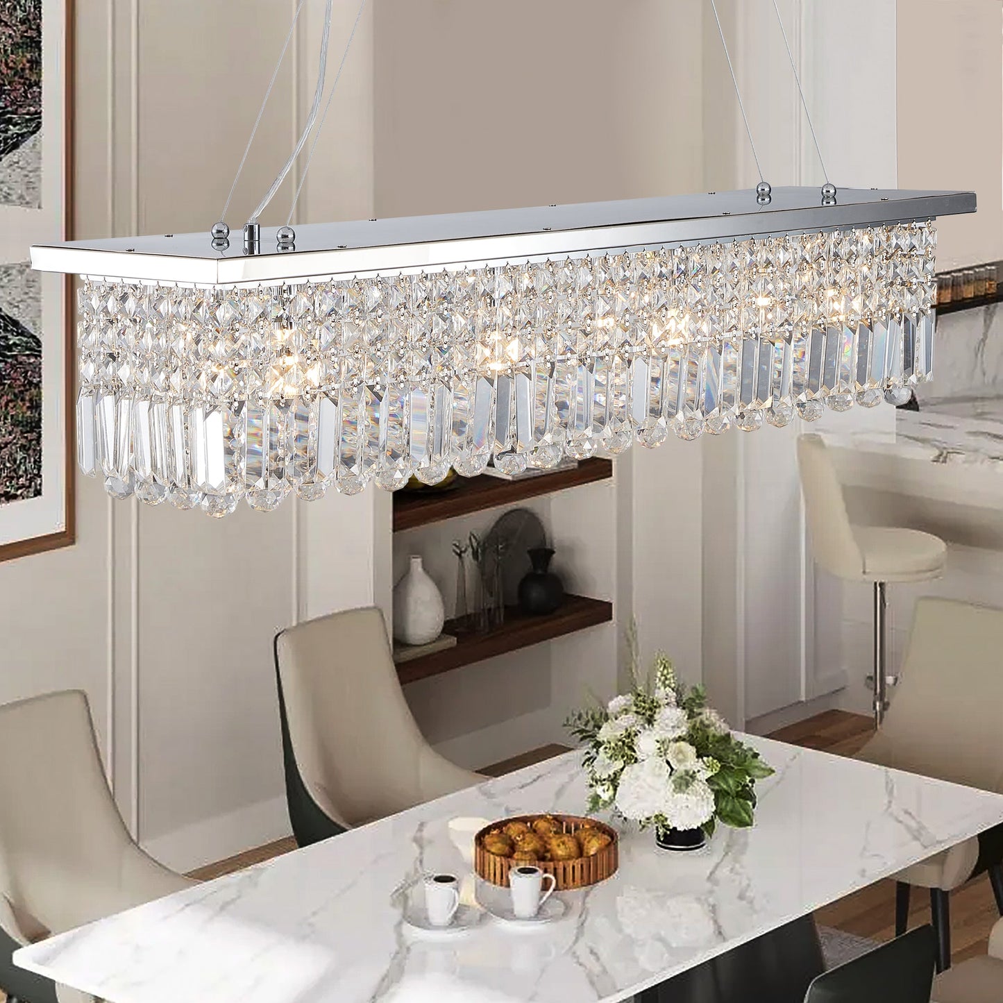 Modern Crystal Chandelier for Dining Room 8-Light White Rectangle Raindrop L39.4'' x W9.8'' x H8.7'(Bulb Not Included) - Korvel