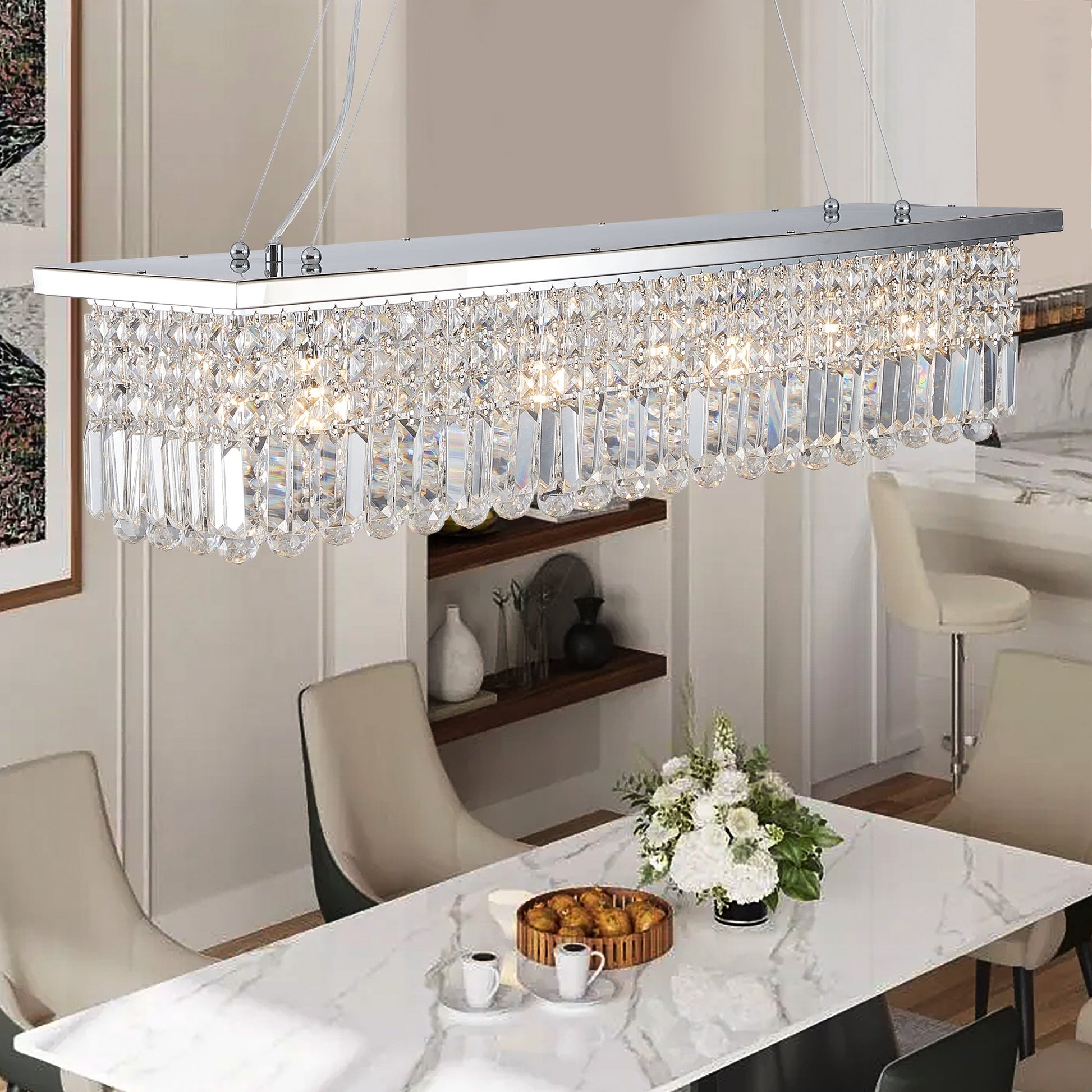 Modern Crystal Chandelier for Dining Room 8-Light White Rectangle Raindrop L39.4'' x W9.8'' x H8.7'(Bulb Not Included) - Korvel