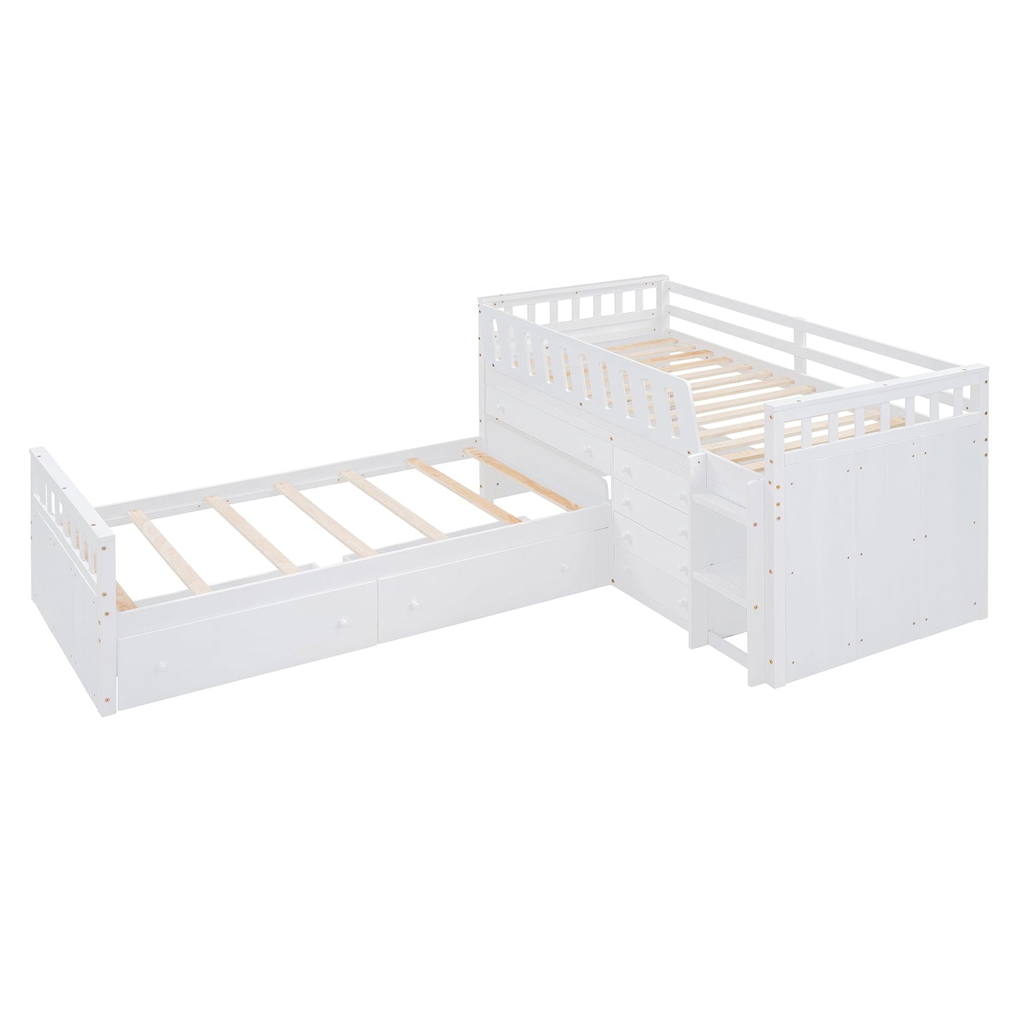 Cama loft twin en forma de L que ahorra espacio con 7 cajones - Blanca