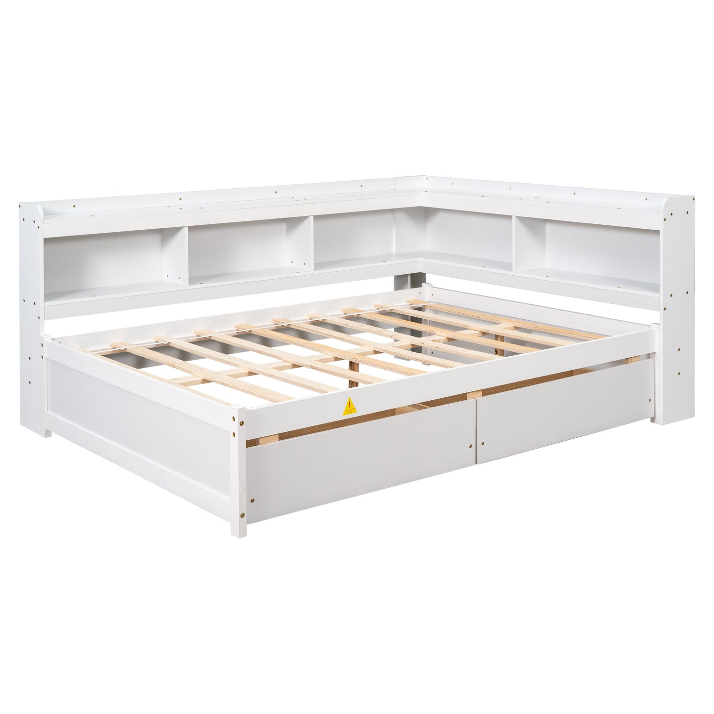 Elegant Full Bed with L-shaped Bookcases and Drawers in White