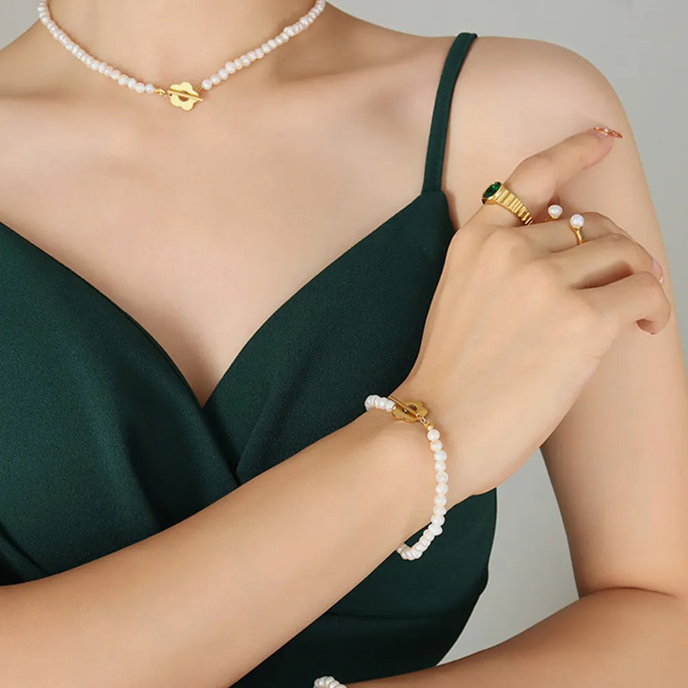 Titanium Steel Pearl Flower Necklace - Korvel