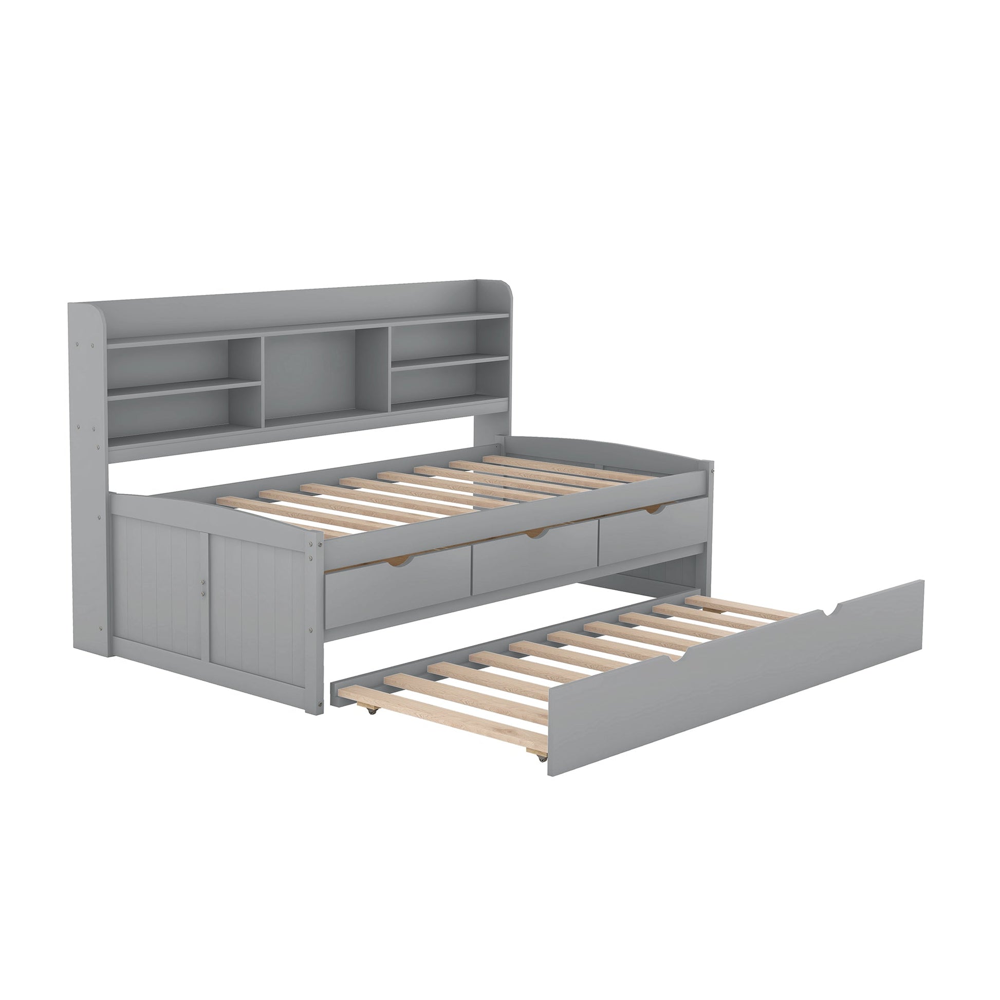Twin Size Wooden Captain Bed with Built-in Bookshelves,Three Storage Drawers and Trundle Light Grey - Korvel
