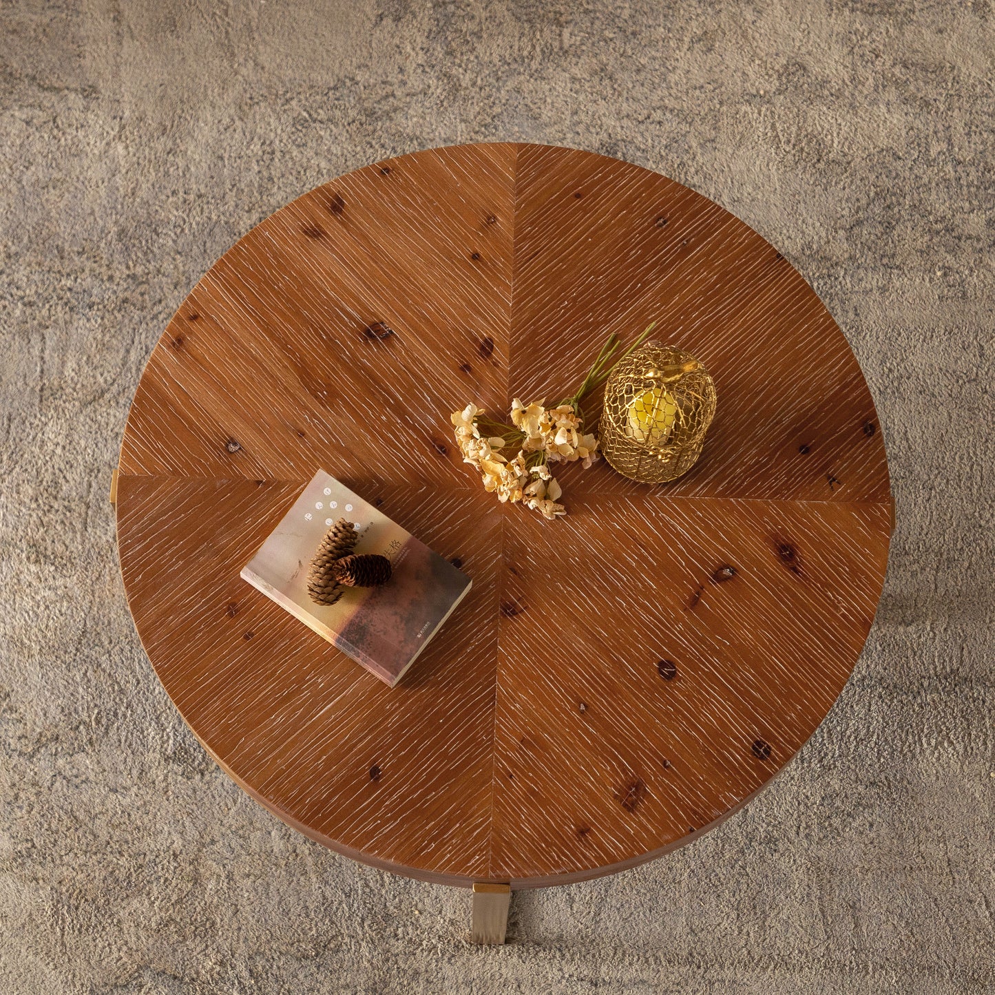 33.86"Modern Retro Splicing Round Coffee Table Fir Wood Table Top with Gold Cross Legs Base(Same SKU:W757126236) - Korvel