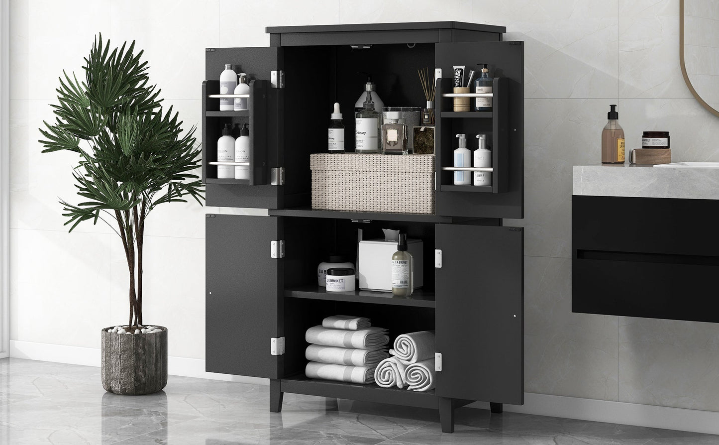 Elegant Black Bathroom Floor Storage Cabinet with Adjustable Shelves