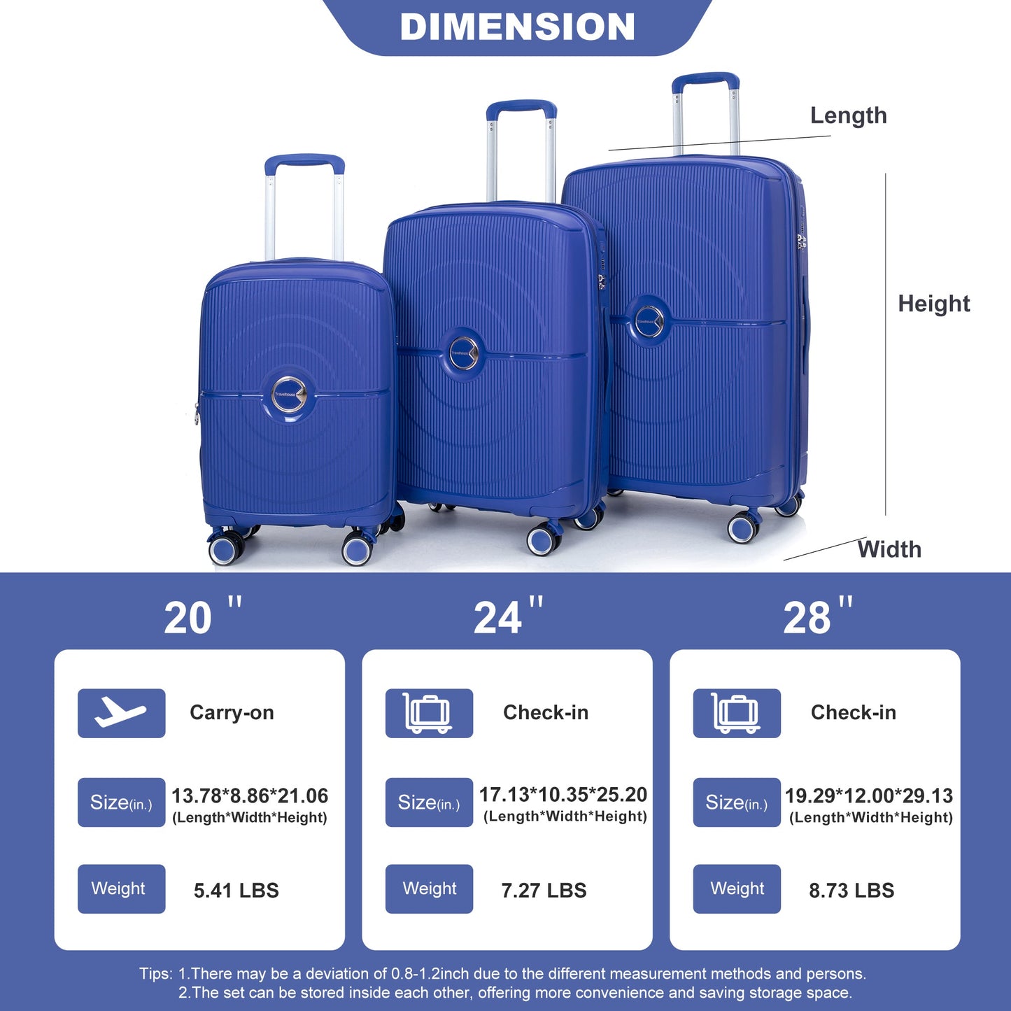 Expandable Hardshell Suitcase Double Spinner Wheels PP Luggage Sets Lightweight Durable ,3-Piece Set (20/24/28) ,Navy - Korvel
