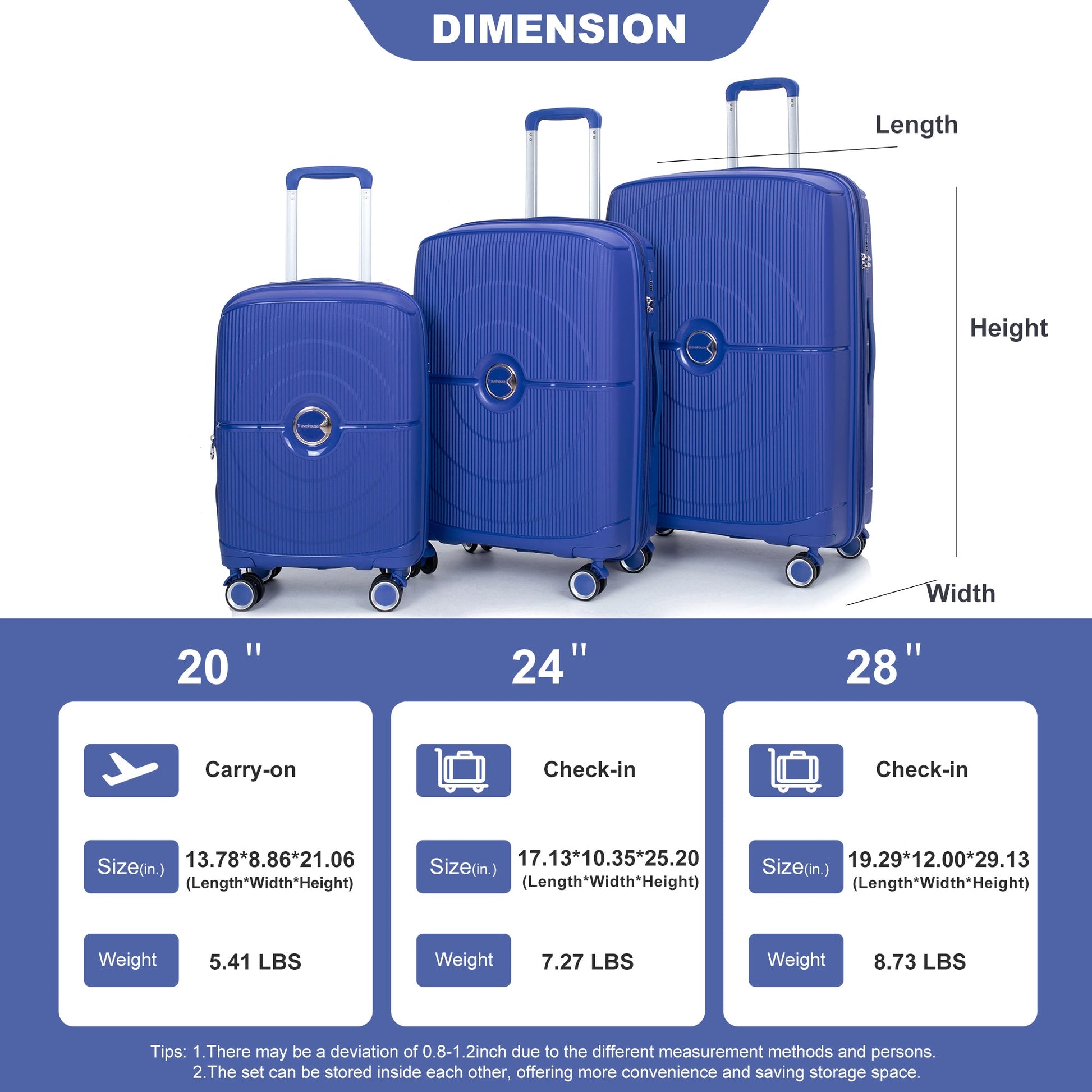Expandable Hardshell Suitcase Double Spinner Wheels PP Luggage Sets Lightweight Durable ,3-Piece Set (20/24/28) ,Navy - Korvel