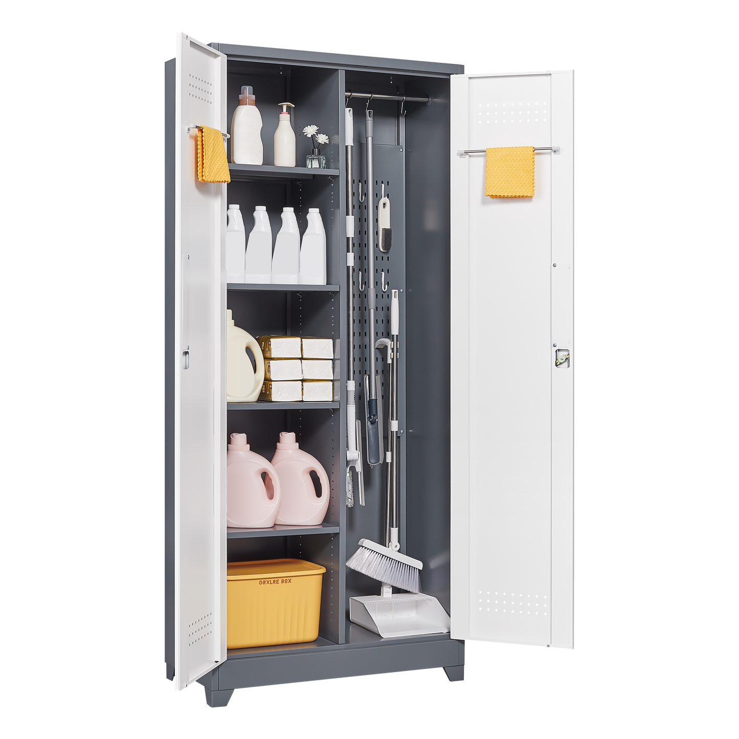 Metal storage cabinets, lockable cleaning tool cabinets, high broom tool organizers, and large storage cabinets in storage store - Korvel